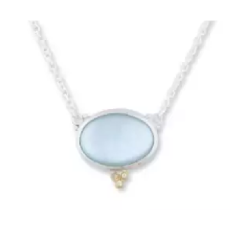 Lika Behar 24K Gold & Sterling Silver “Karnak” Cabochon Oval Blue Topaz&Mop Doublet Necklace  Diamonds  Sterling Silver 50Gg Chain  15-16-17-18″  13X18 mm topaz = 12.08 Carats