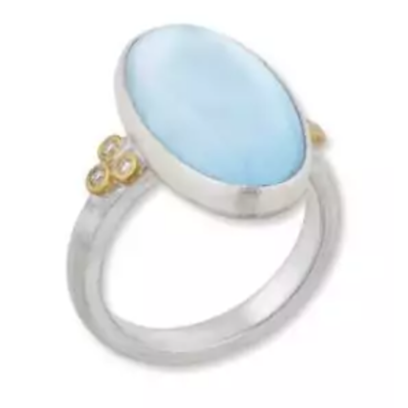 Lika Behar 24K Gold & Sterling Silver “Karnak” Cabochon Oval Blue Topaz And Mother Of Pearl  Doublet Ring With 6 Diamonds  Blue Topaz 11X20 Mm 9.31 Carats