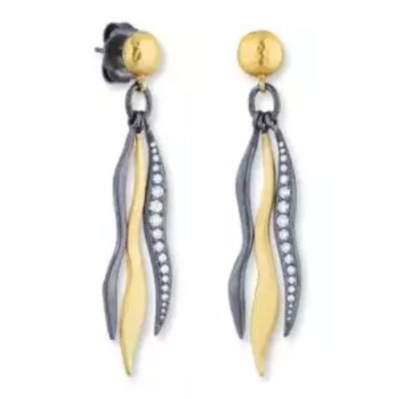 Lika Behar 24K Gold & Oxidized Silver “Keller” Earrings  Diamonds  7 Mm Hammered Button Tops  18K Posts & Oxidized Silver Backings
