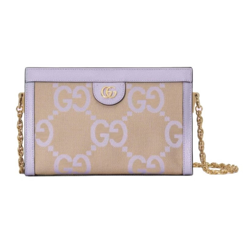 FINAL SALE Gucci Purple Ophidia Jumbo GG Canvas Shoulder Bag    Jumbo GG canvas  Purple leather  gold tone hardware  Chain link shoulder strap  Magnetic snap closure  One slip pocket  Canvas lining  Height: 7”  Width: 10”  Depth: 3”                 