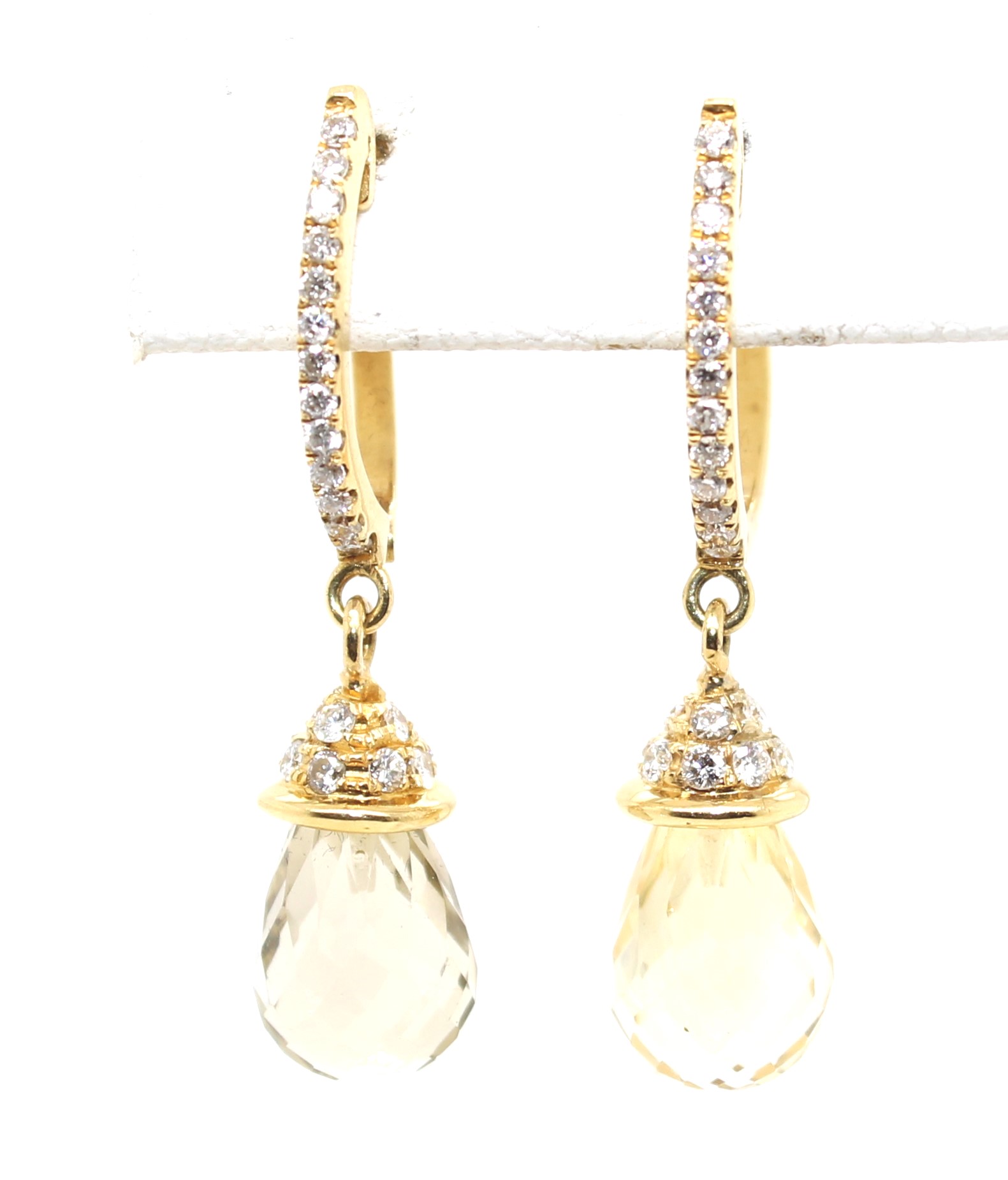 Estate 18 karat yellow gold citrine and diamond dangle hinged huggie earrings