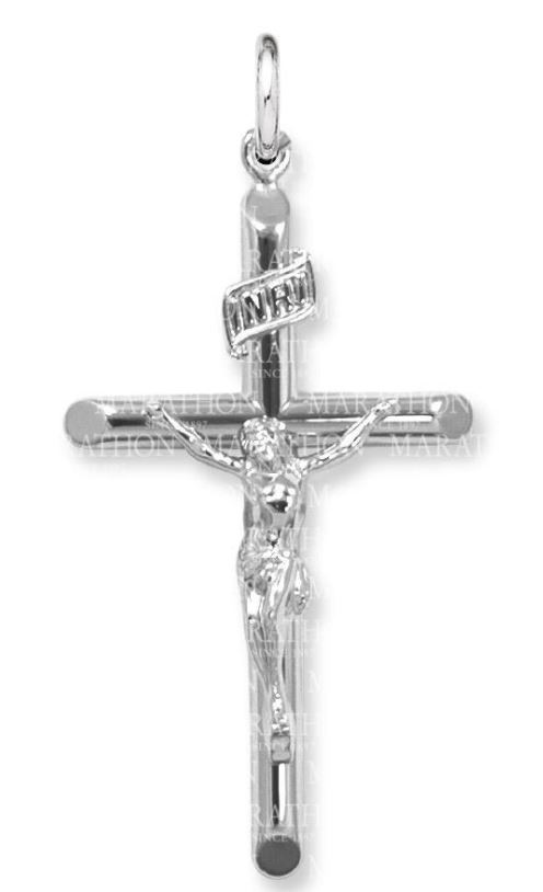 Sterling Silver Cross Pendant Containing A Christ Figure & "Inri" Suspended On A 24" Round Link Chain