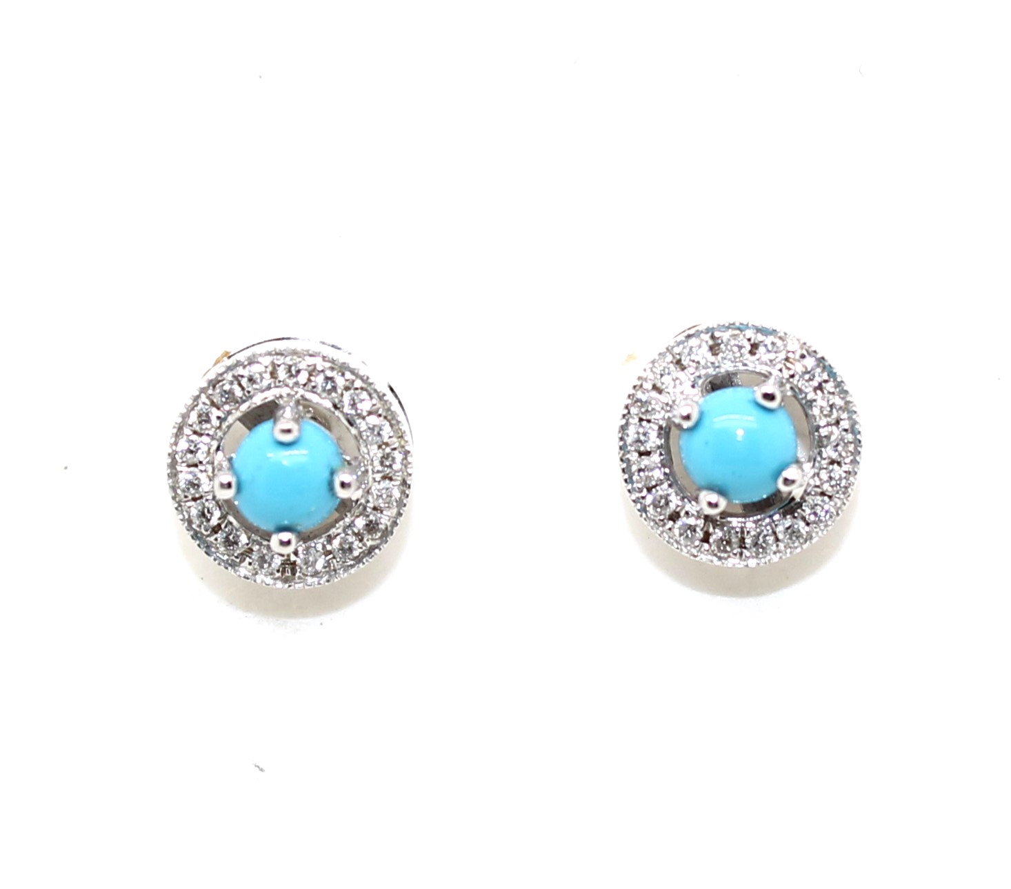 Estate 18 Karat White Gold Turquoise And Diamond Stud Earrings