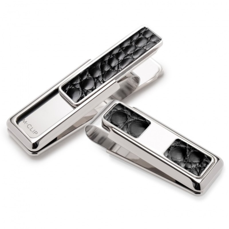Monterey Rhodium Plated Money Clip Having Black Alligator Inserts On Both Sides And One Two Pocket/ One Standard Slide. Monterey Rhodium Plated Money Clip Having Black Alligator Inserts On Both Sides And One Two Pocket/ One Standard Slide.