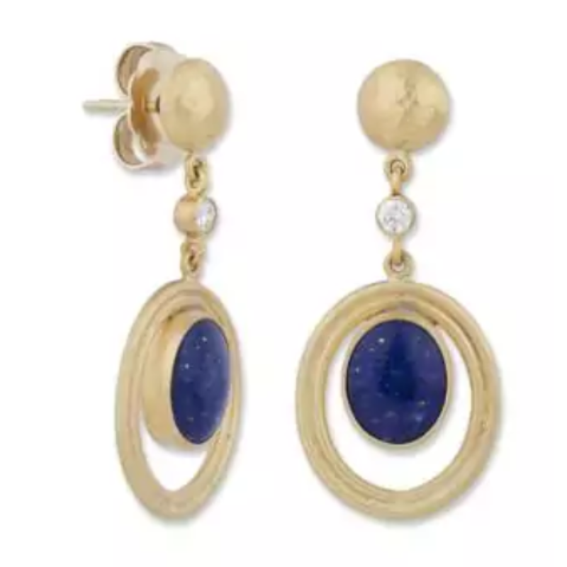 Lika Behar 22K Yellow Gold “Modern” Earrings With Oval Cabochon Lapis & Round White Diamonds   Button Tops  18Kposts&Backings  8X10 Lapis = 5.20 Carats.