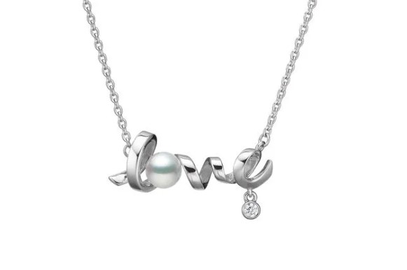 Mikimoto 18 Karat White Gold Pearl And Diamond "Love" Necklace