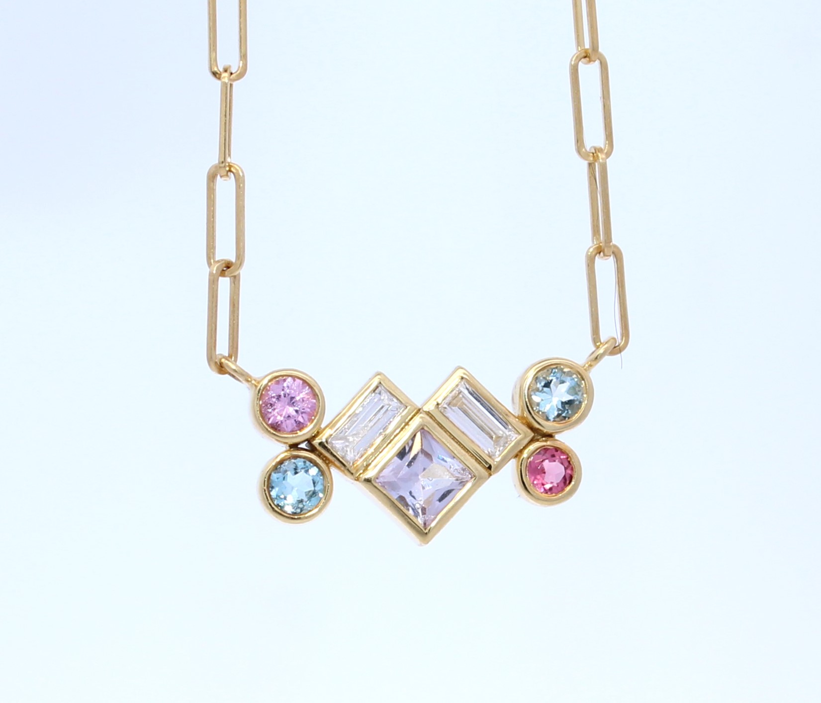 Lauren K 18 Karat Yellow Gold Aquamarine  Pink Tourmaline  Pale Pink Spinel And Diamond Necklace From The Bubble Bea Collection 18 Inches Long