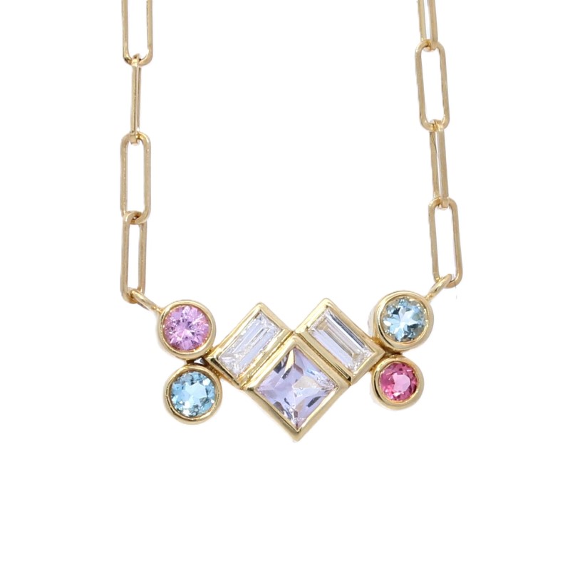 Lauren K 18 Karat Yellow Gold Aquamarine  Pink Tourmaline  Pale Pink Spinel And Diamond Necklace From The Bubble Bea Collection 18 Inches Long