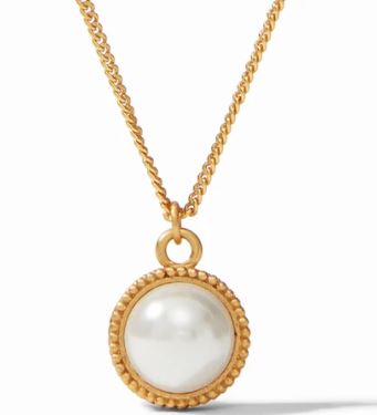Julie Vos 24K Gold Plated "Fleur-De-Lis Solitaire" Charm Necklace With A Fleur-De-Lis Intaglio Coin On One Side And A Mother Of Pearl On The Other Side