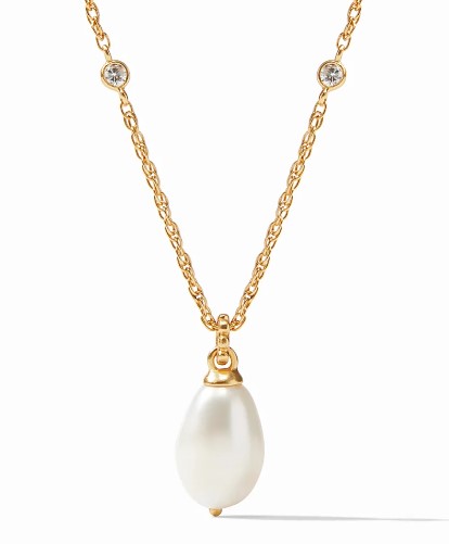 Julie Vos 24 Karat Gold Plated Marbella Solitaire Necklace Having A Pearl Drop And CZ Stations 16-17.5 Inches