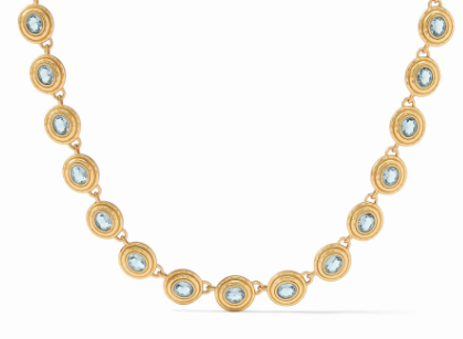 Julie Vos 24 Karat Yellow Gold Plated Tudor Tennis Necklace Having 32 Round Links Each With 1 Peacock Blue Crystal