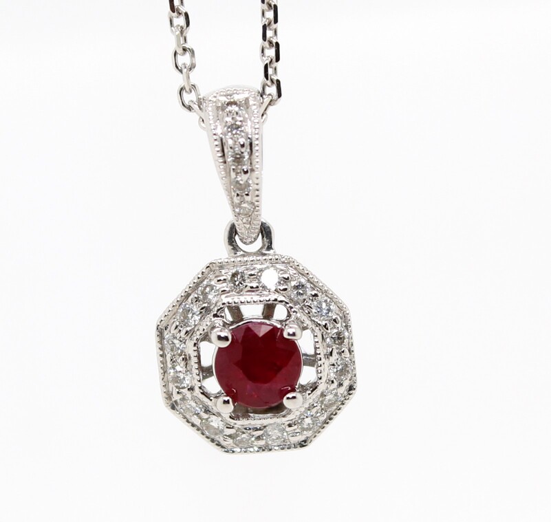 Namdar 14 Karat White Gold Ruby And  Diamond Pendant Suspended On 16 Inch Diamond Cut Oval Link Chain