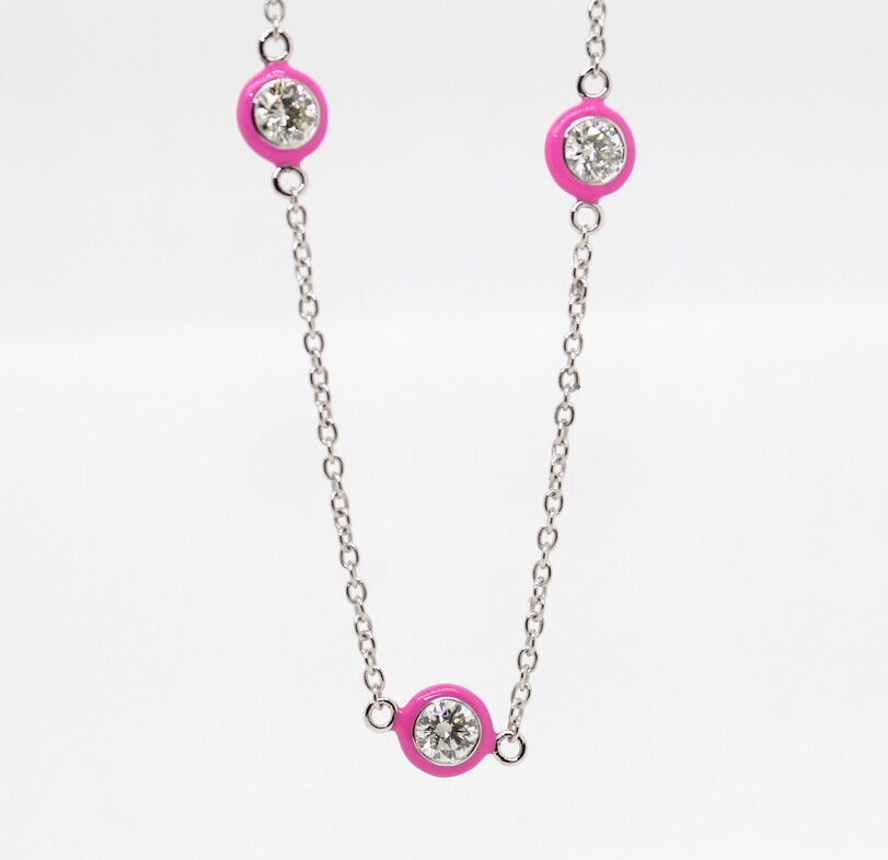14 Karat White Gold Diamond Station Pink Enamel Necklace 16 Inches