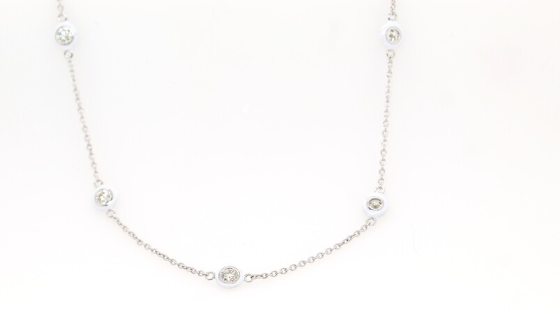 14 Karat White Gold Diamond Station White Enamel Necklace 16 Inches
