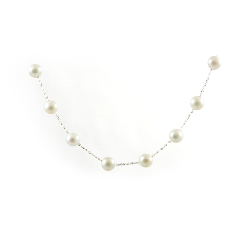 14 Karat White Gold Fresh Water Potato Pearl Station Necklace Measuring 18