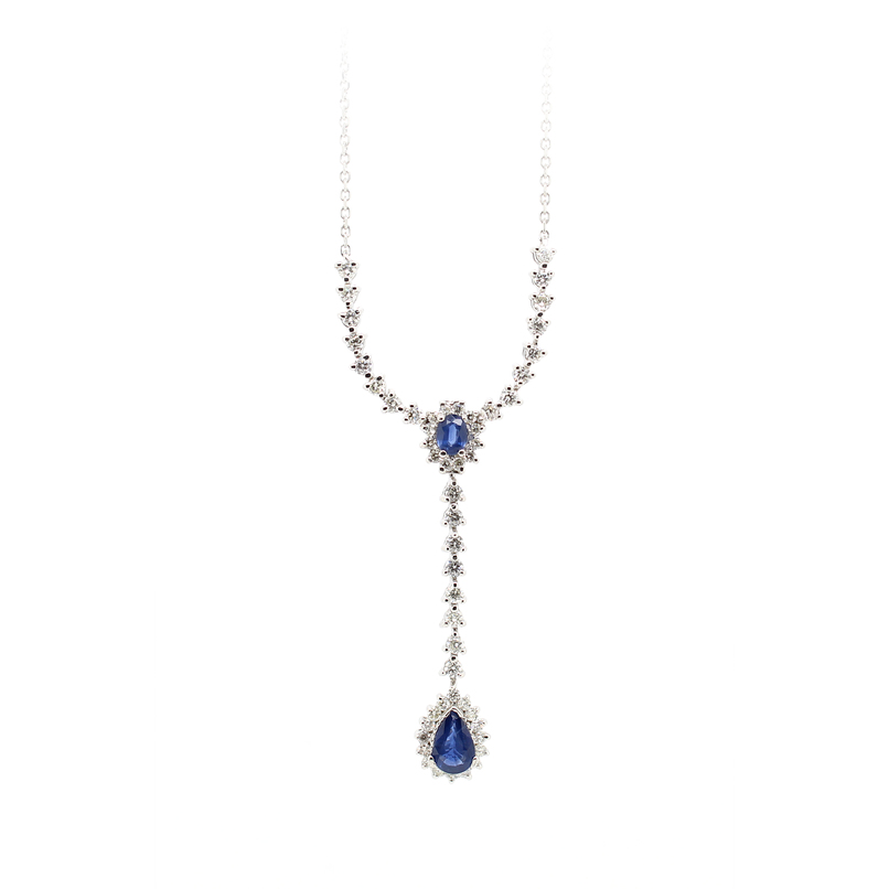 14 Karat White Gold Diamond And Blue Sapphire Necklace Measuring 17" Long