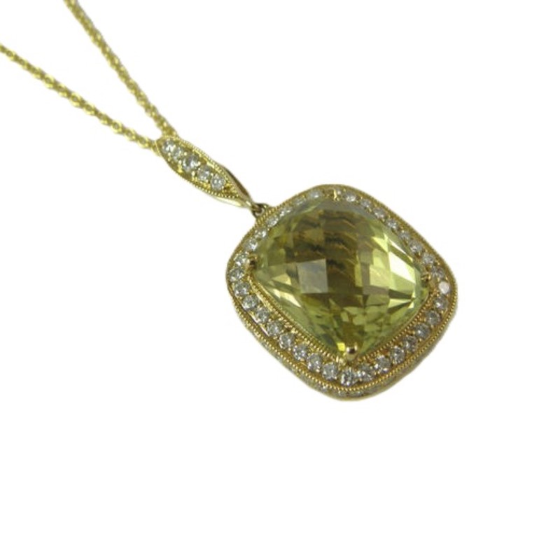 Dove's 18 Karat yellow gold Diamond & Lime Quartz Pendant Suspended On A 18