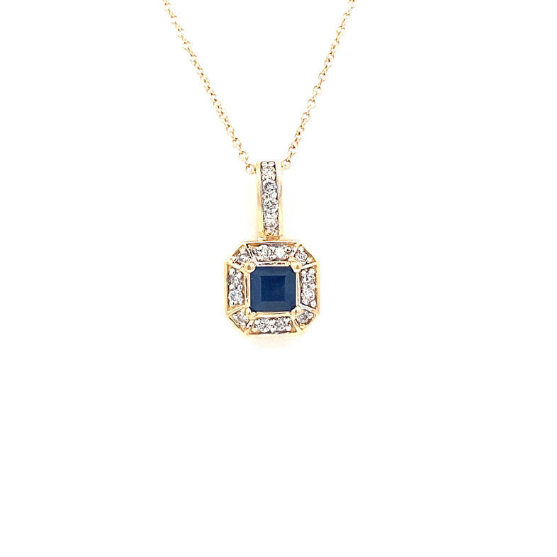 14 Karat Yellow Gold Blue Sapphire And Diamond Pendant Necklace Measuring 16" Long