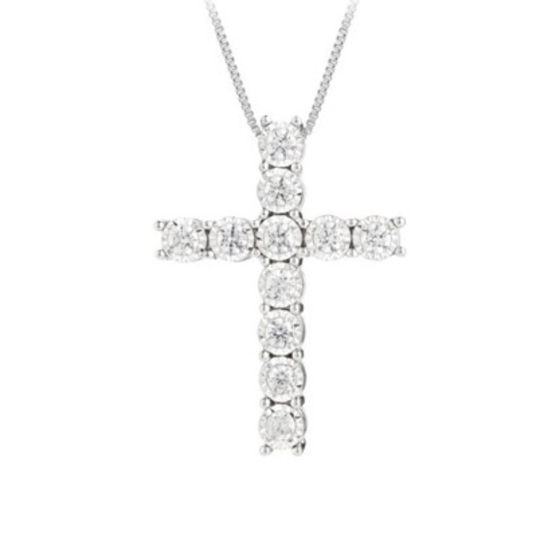 14 Karat White Gold Diamond Cross Pendant On An 18" Box Chain