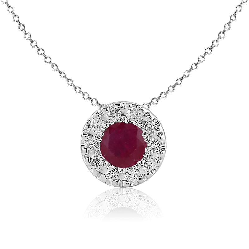 14 Karat White Gold Diamond & Ruby Circle Pendant  On An 18" Box Chain