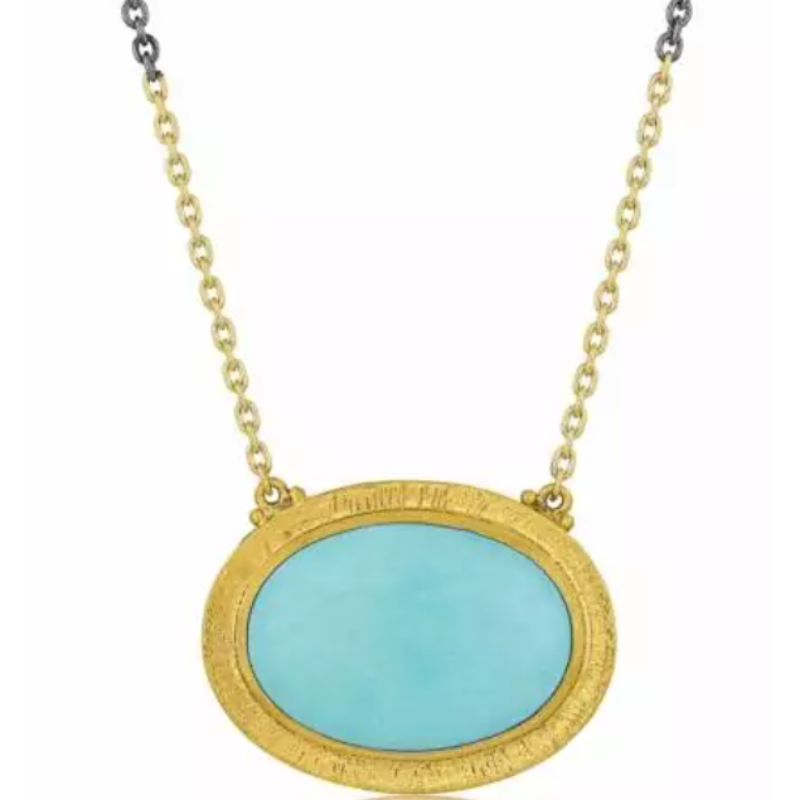 Lika Behar 24K & Oxidized Silver “Pompei” Necklace With Oval Cabochon Kingman Turquoise On A 23.5K Gold And Oxidized Silver Mixed Adjustable Chain 16″-18″