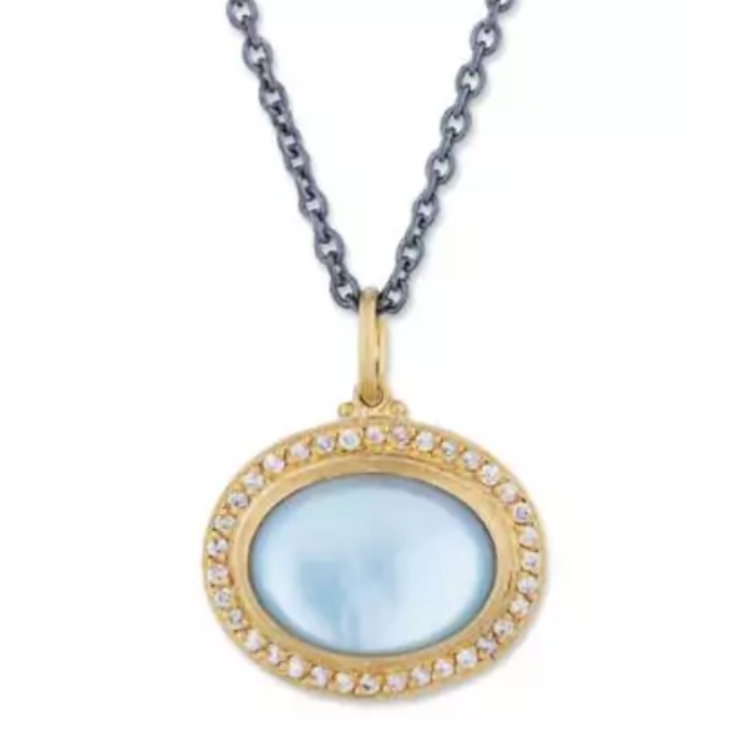 Lika Behar 24K Gold & Oxidized Silver Oval Cabochon Blue Topaz Doublet “Pompei” Pendant With Diamonds 12X16 Topaz 9.02 Carats