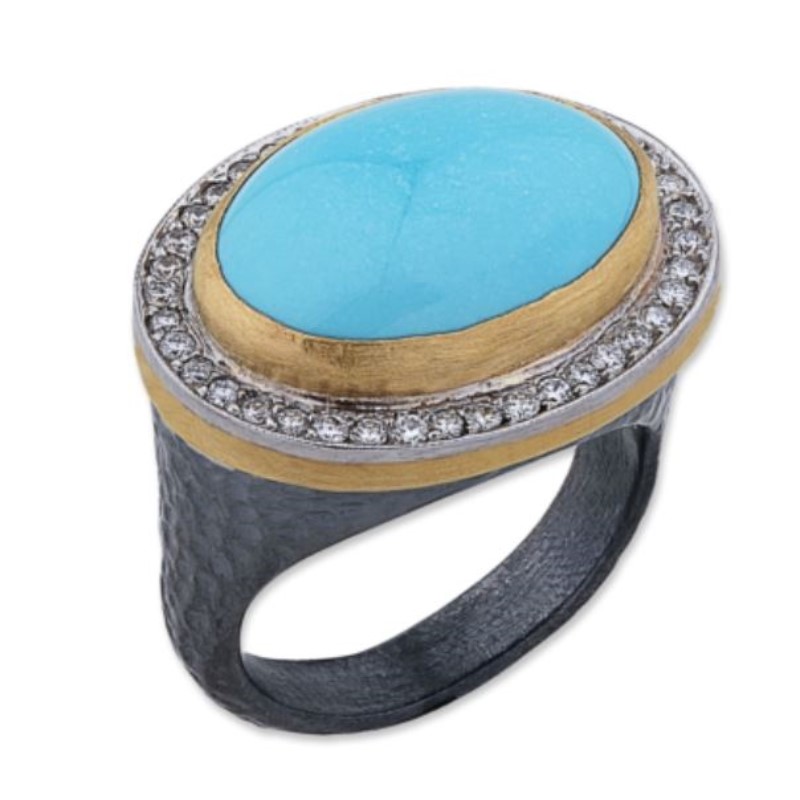 Lika Behar Pompei 24K Gold/ 18Kw Bezel & Oxidized Silver Pompei Ring With Diamonds  East West Oval Cabochon Sleeping Beauty Turquoise 13X18 Mm 8.92 Carats