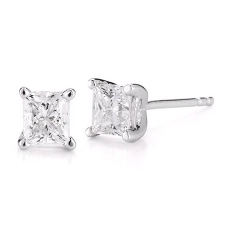 Estate 14 Karat White Gold Princess Cut Diamond Solitaire Earrings