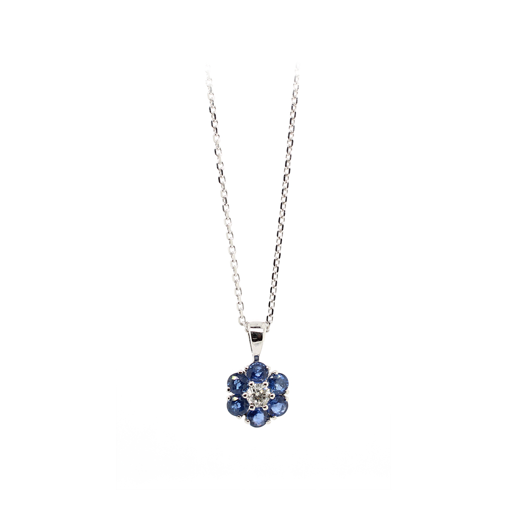 14 Karat White Diamond And Blue Sapphire Pendant Necklace