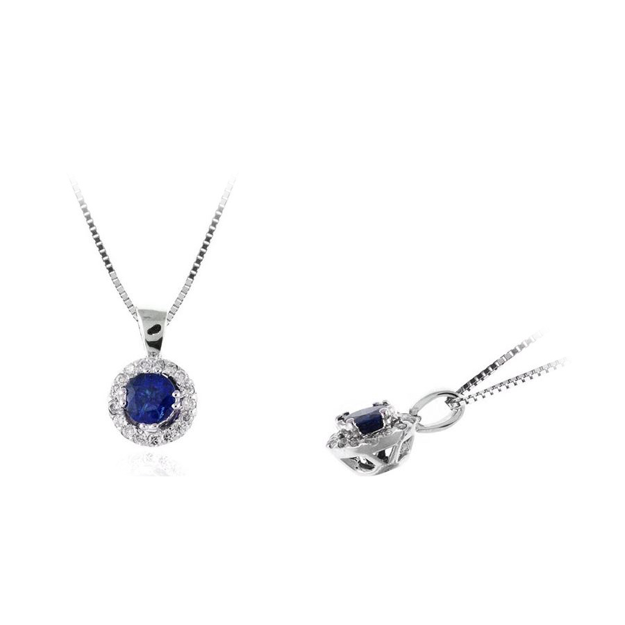 14 karat white gold  blue sapphire and diamond pendant suspended on a 14 karat white gold  box chain measuring 16