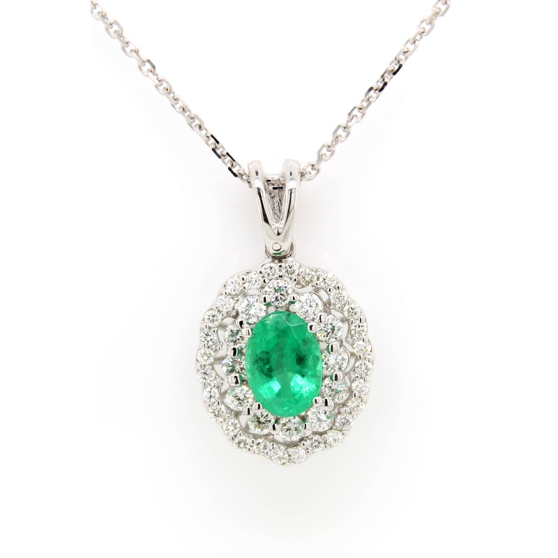 18 Karat White Gold Diamond Emerald Pendant Suspended On An 16" Box Chain With A Spring Ring Clasp