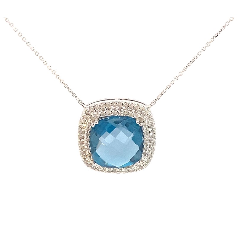 Blue Topaz And Diamond Double Halo Necklace