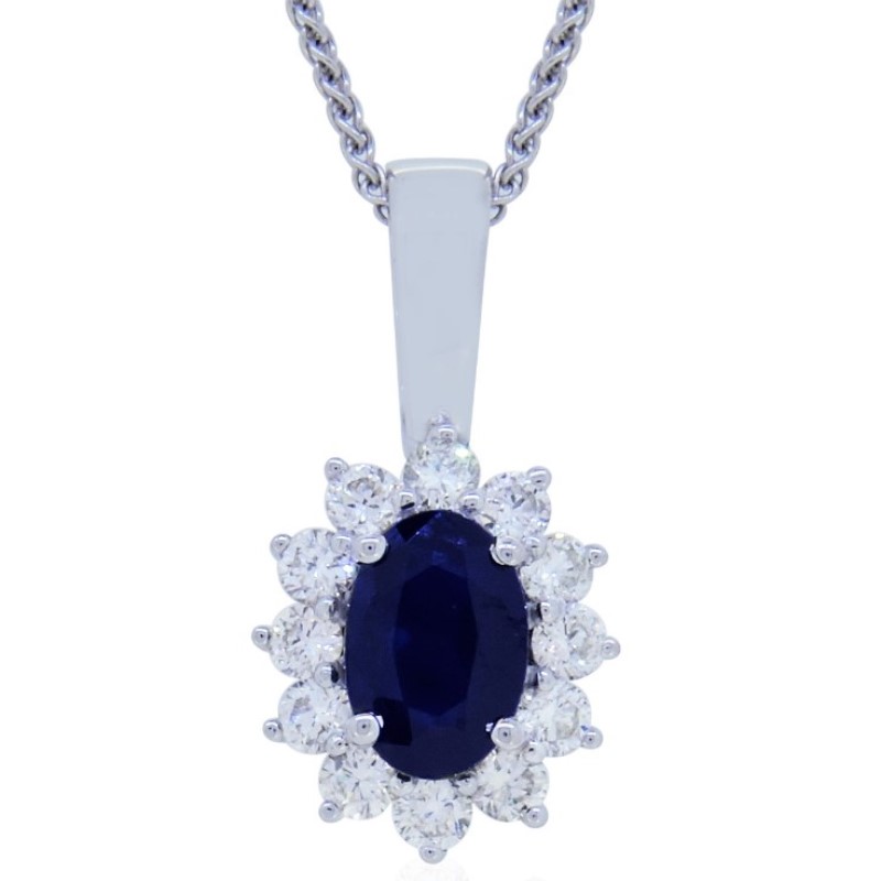 14 Karat White Gold Blue Sapphire And Diamond Pendant