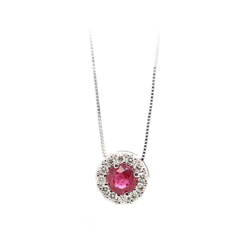 14 Karat White Gold Diamond And Ruby Pendant Necklace