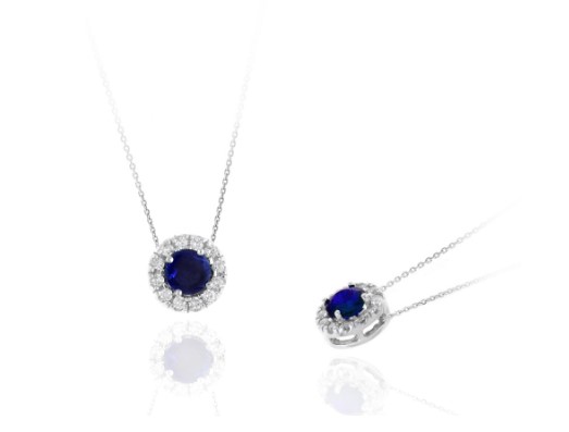 14 Karat White Gold Diamond And Blue Sapphire Pendant Necklace