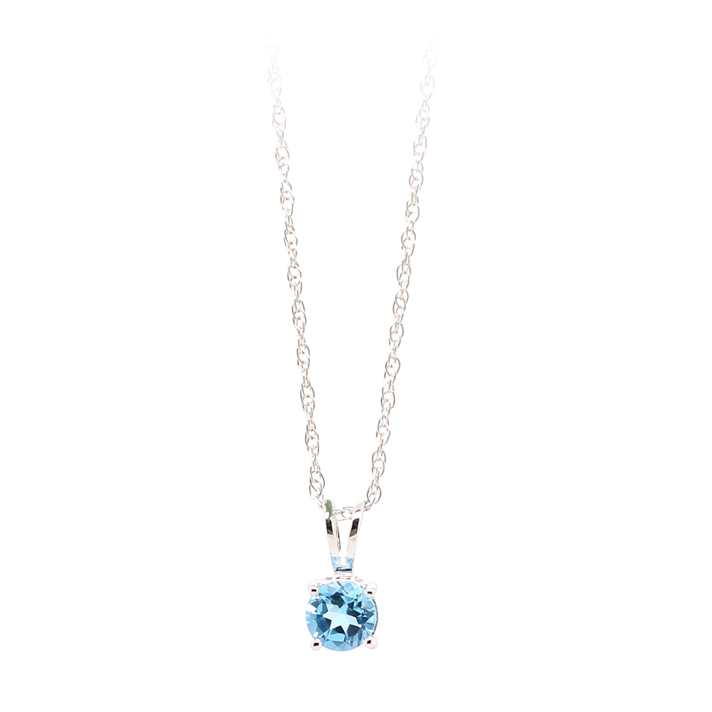 14 Karat White Gold Round Blue Topaz .59 Carats Pendant On A 14 Karat White Gold Twisted Rope Chain Measuring 18