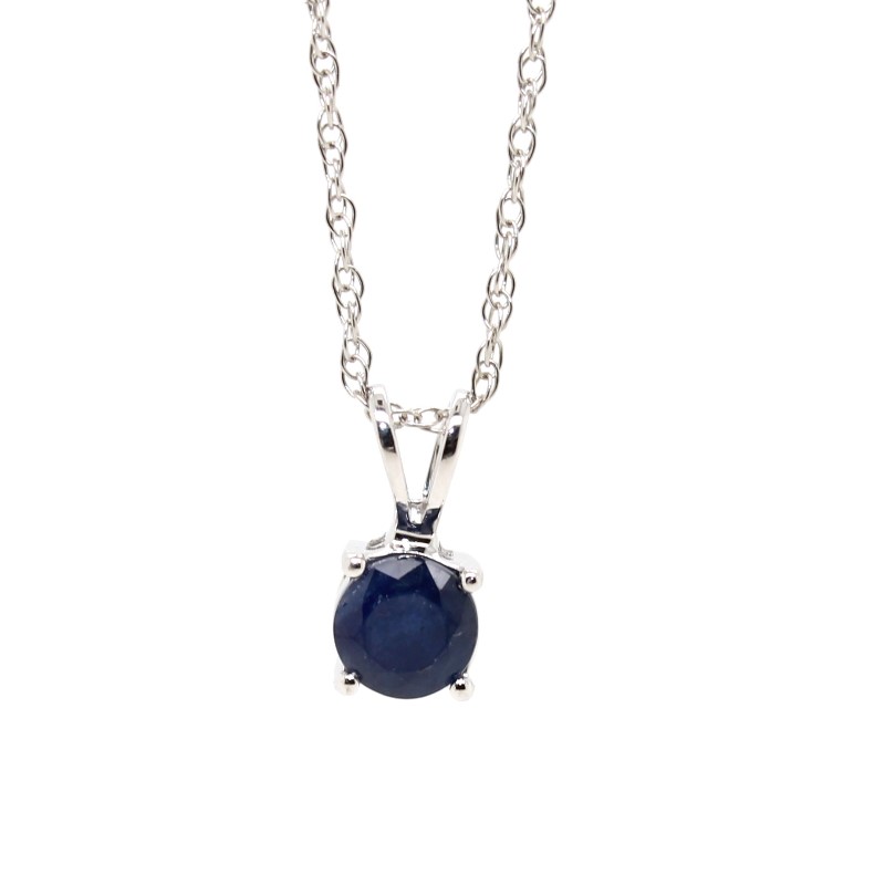 14 Karat White Gold Round Blue Sapphire Pendant On A 14 Karat White Gold Twisted Rope Chain With A Spring Ring Clasp
