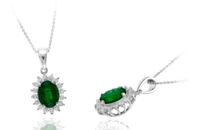 14 Karat White Gold Green Diopside And Diamond Pendant Suspended On A 16" Chain