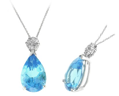 14 Karat White Gold Blue Topaz And Diamond Pendant On A 14 Kart White Gold Chain Measuring 17