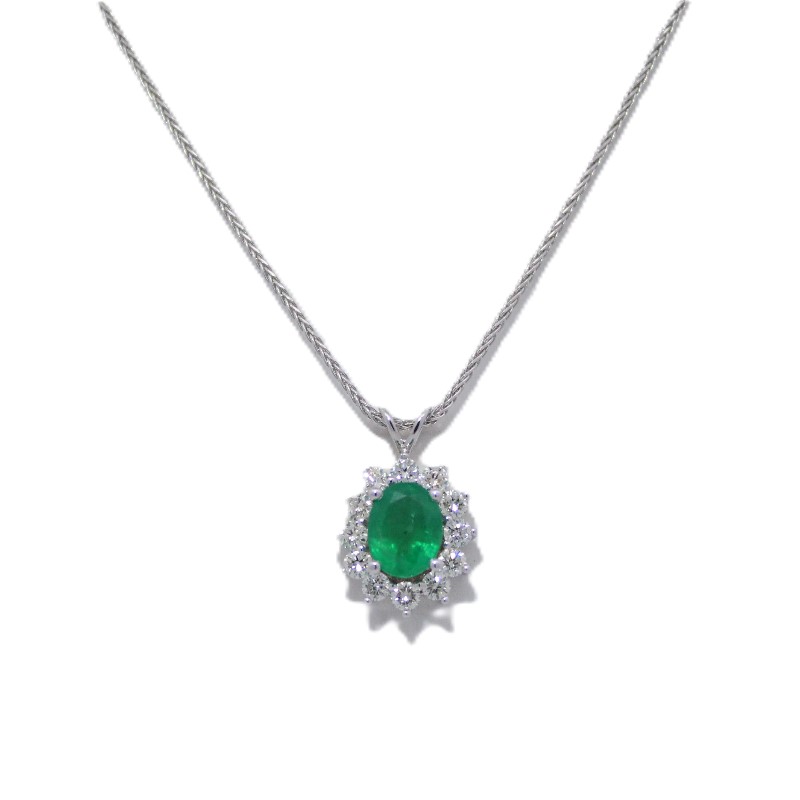 Oval Emerald And Diamond Halo Pendant Necklace
