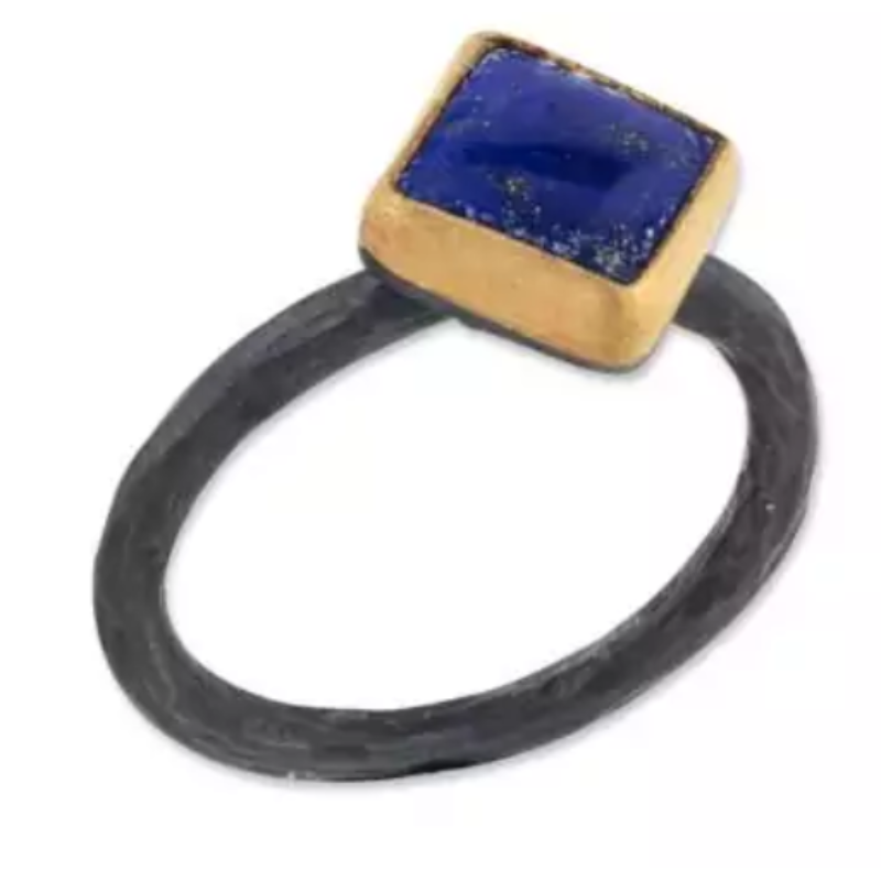 Lika Behar 24K & Oxidized Silver “Priya” Ring With Cushion Cabochon Lapis Measuring 8 Mm 2.15 Carats   Size 6