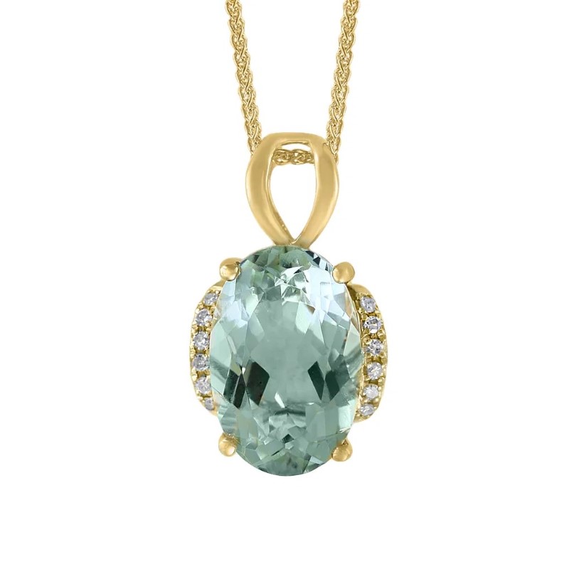Green Amethyst And Diamond Pendant On A 14 Karat Yellow Gold Chain 18 Inches