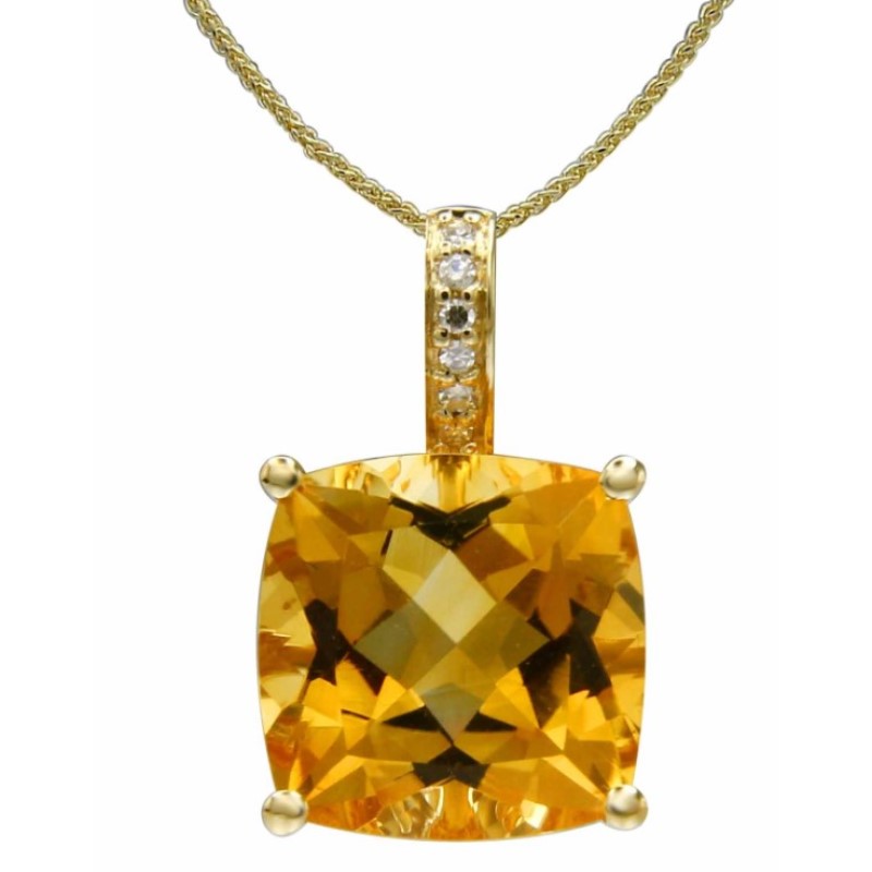 Lali 14 Karat Yellow Gold Citrine And Diamond pendant   Four Prong Set In The Center Is 1 10 mm Cushion Cut Citrine Weighing 3.55 Carats