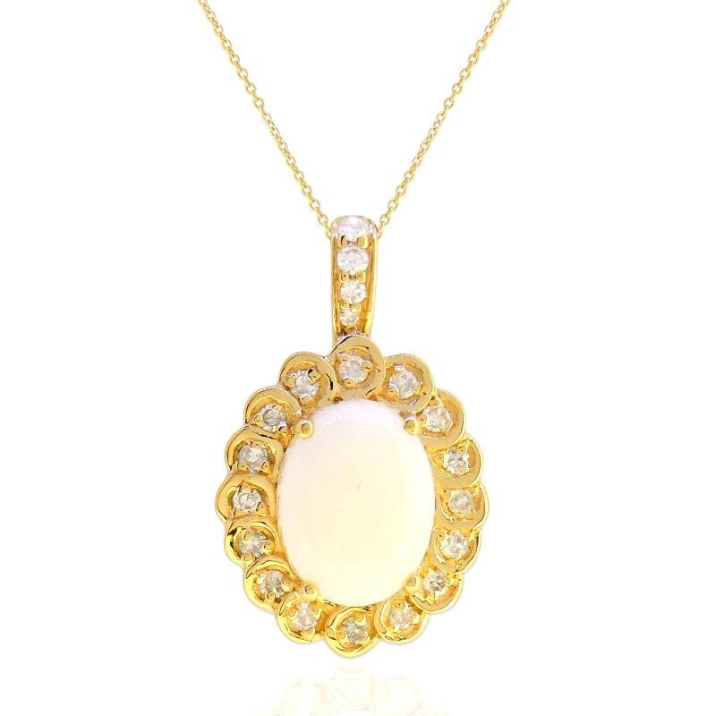 14 Karat Yellow Gold Diamond And Australian Opal Pendant Necklace