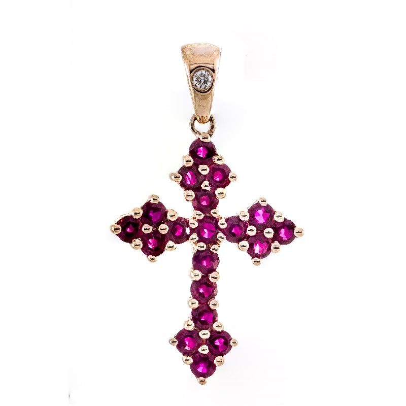 10 Karat Rose Gold Ruby And Diamond Cross Pendant Necklace