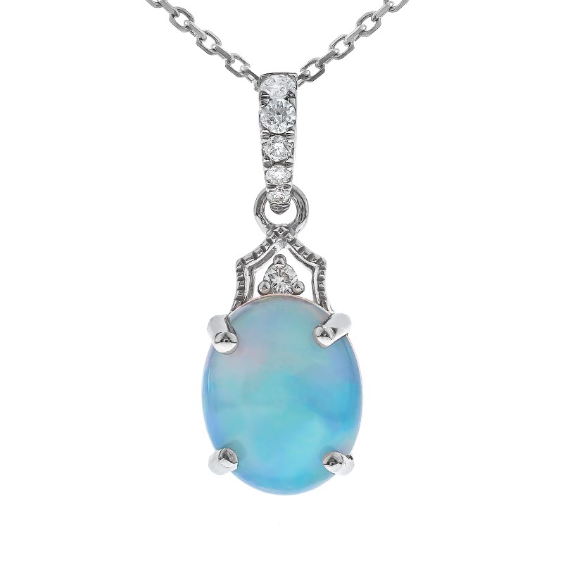 10 Karat White Gold Ethiopian Opal And Diamond Pendant Necklace