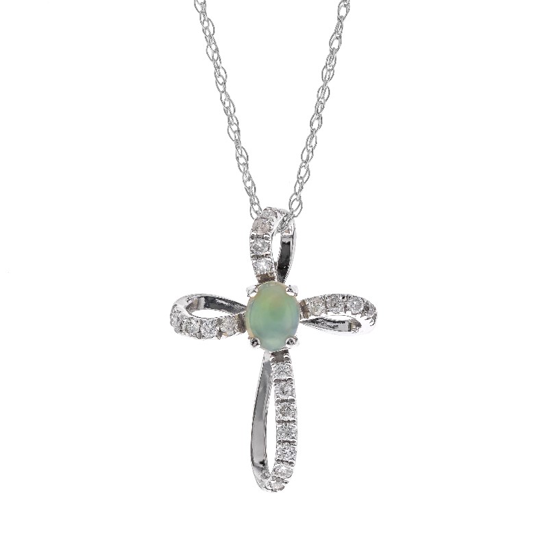 10 Karat White Gold Ethiopian Opal And Diamond Pendant Necklace