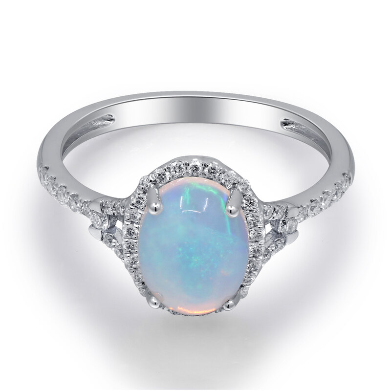 10 Karat White Gold Ethiopian Opal And Diamond Ring 10 Karat White Gold Ethiopian Opal And Diamond Ring