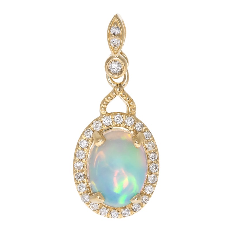 10 Karat Yellow Gold Ethiopian Opal And Diamond Pendant Necklace