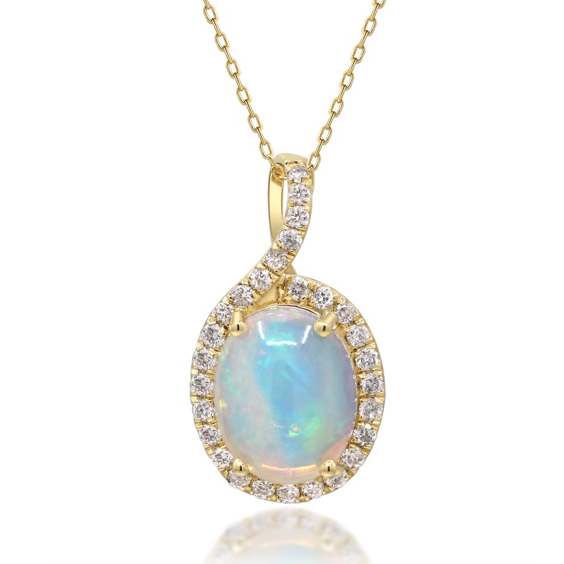 10 Karat Yellow Gold Ethiopian Opal And Diamond Pendant Necklace